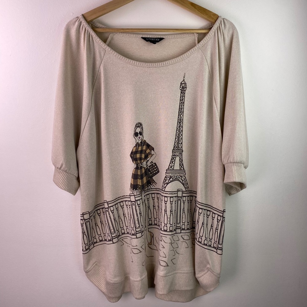Paris Eiffel Tower Graphic Pullover Knit Doman Sleeve Top Beige Plus Size 2X
